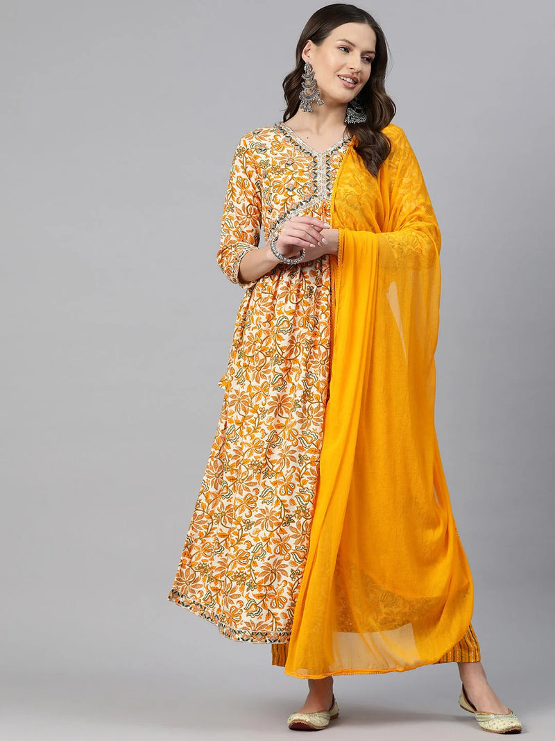 A-LINE STYLE RAYON FABRIC MUSTARD COLOR EMBROIDERED & FLORAL PRINTED KURTI WITH PALAZZO AND DUPATTA