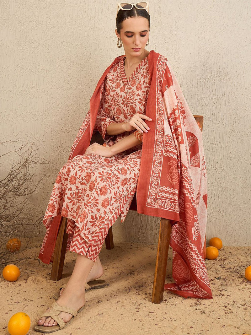 Floral Printed Gotta Patti Pure Cotton Straight Kurta With Trousers & Dupatta