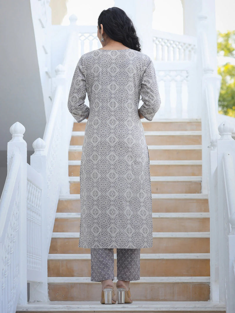 STRAIGHT STYLE COTTON FABRIC GREY COLOR EMBROIDERED PRINTED KURTI WITH PALAZZO AND DUPATTA