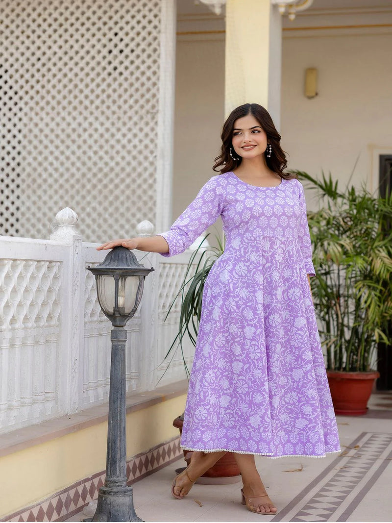 PURPLE ETHNIC PRINTED FLARED DRESS