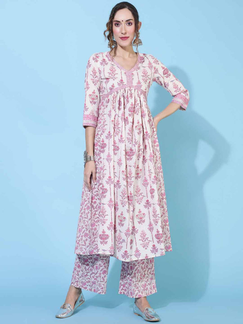 COTTON CALF LENGTH PRINTED FLARED 3/4 SLEEVES V NECK KURTA BOTTOM DUPATTA SET