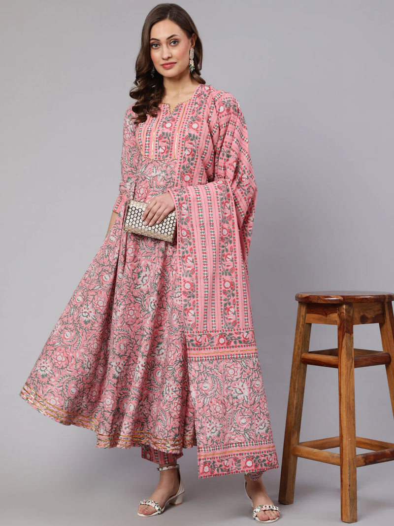 COTTON PRINTED ANKLE LENGTH FLARED ROUND NECK KURTA, PANTS WITH DUPATTA SET