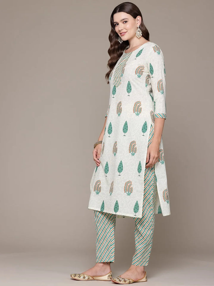 Straight Sea Green Printed Kurta with Palazzo and Dupatta with Bead work