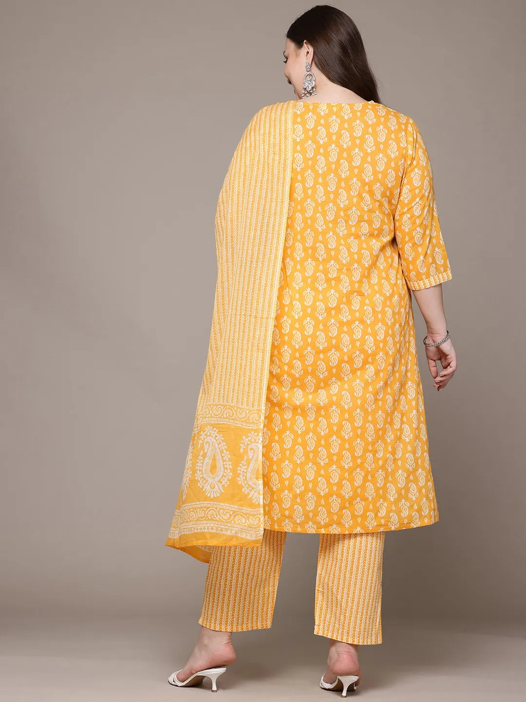 Straight Paisley Printed Yellow Kurta with Palazzo and Dupatta with Thread work