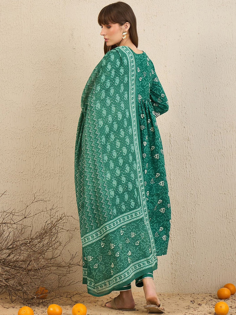 Green Embroidered A-Line Kurta Trousers With Dupatta Set