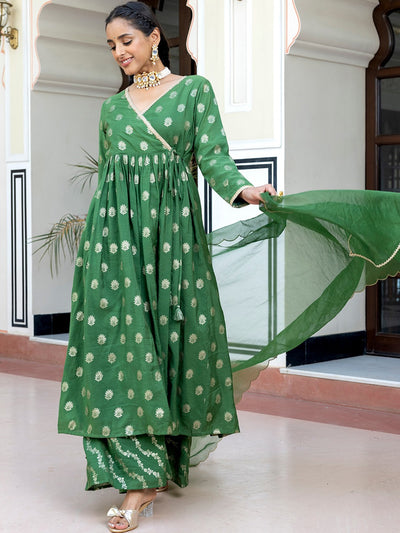 Green Brocade Woven Design Kurta with Palazzo and Dupatta