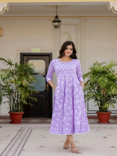 PURPLE ETHNIC PRINTED FLARED DRESS