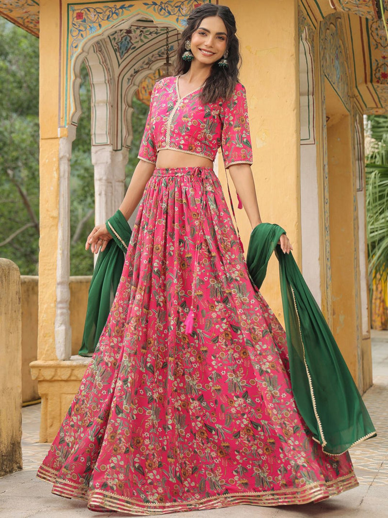 PINK GEORGETTE FLORAL PRINTED GATHERED LEHENGA CHOLI SET