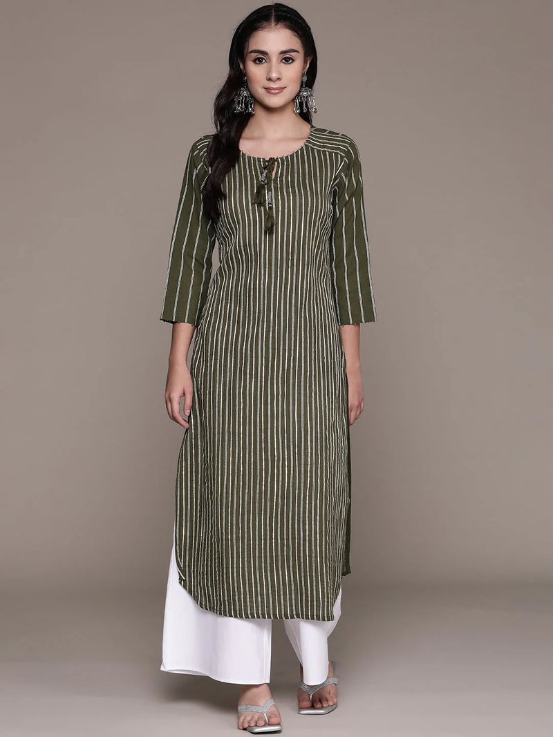 STRAIGHT STYLE COTTON FABRIC OLIVE GREEN COLOR KURTI WITH GOTA & BEADS WORK