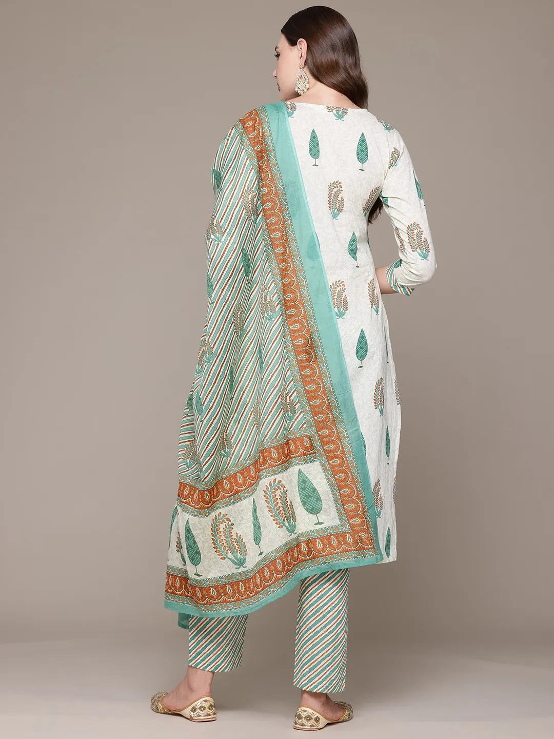 Straight Sea Green Printed Kurta with Palazzo and Dupatta with Bead work