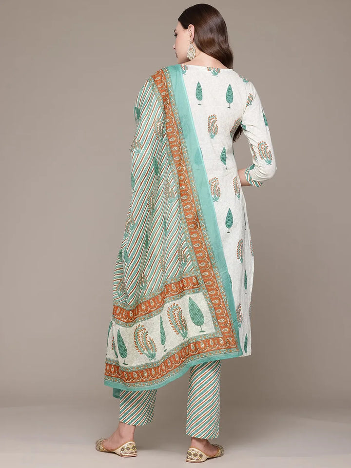 Straight Sea Green Printed Kurta with Palazzo and Dupatta with Bead work