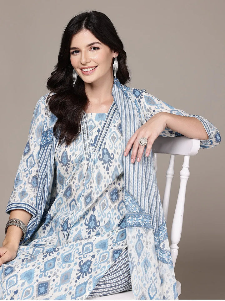 A line Blue Printed kurta with Palazzo and Dupatta with Sequin work
