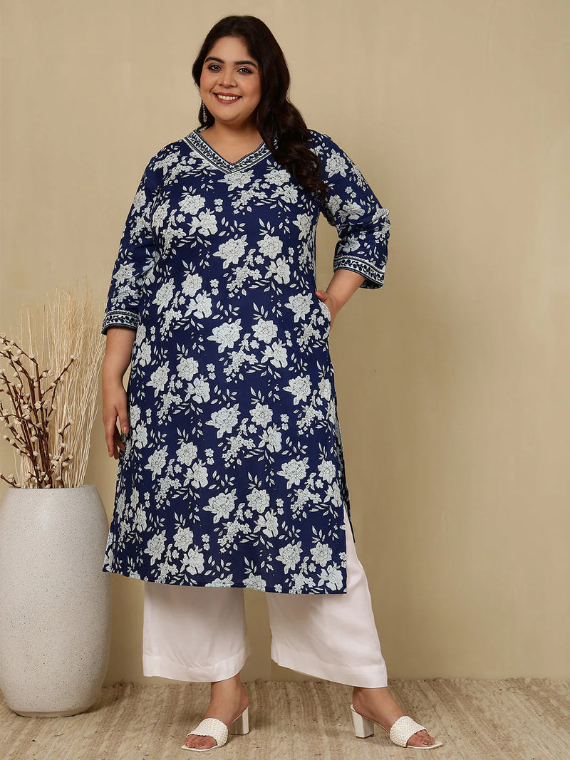 COTTON CALF LENGTH PRINTED STRAIGHT 3/4 SLEEVES V-NECK KURTA