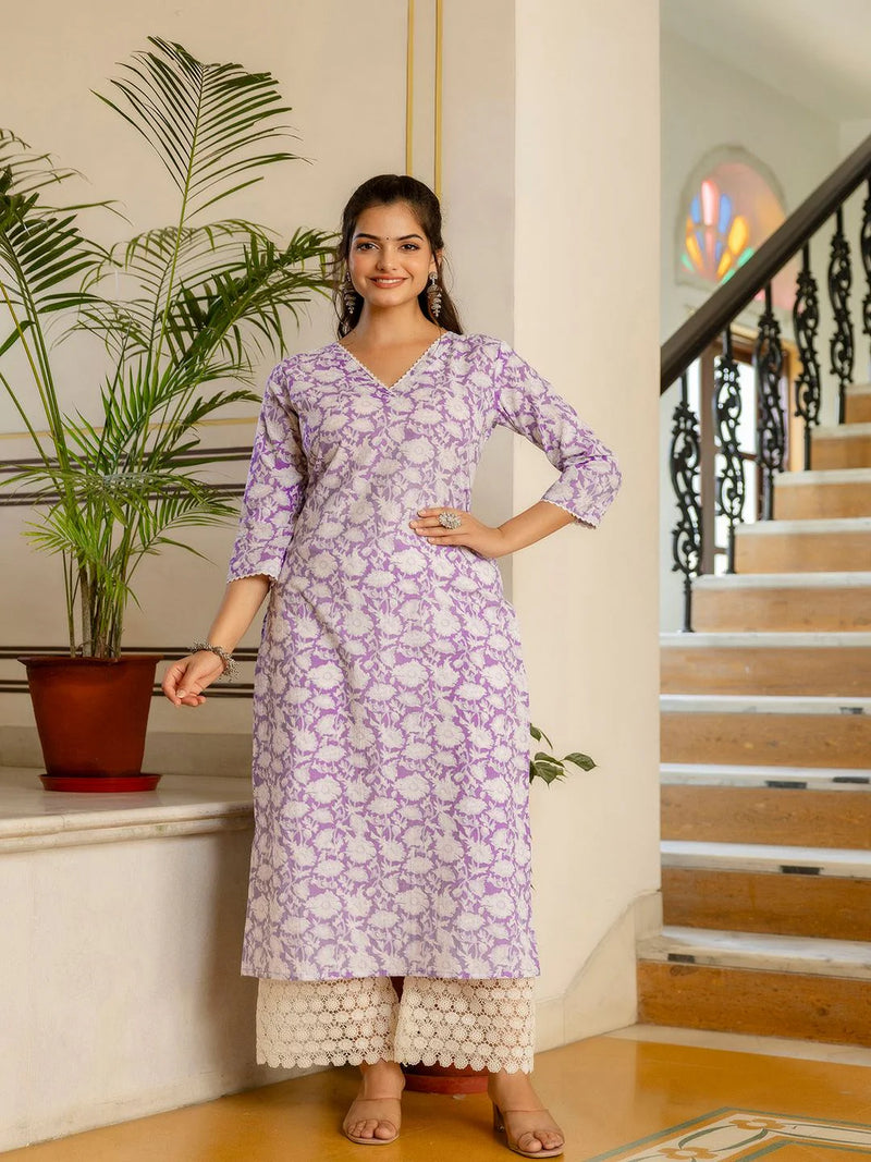 PURPLE ETHNIC PRINTED STRAIGHT KURTA WITH THREE QUARTER SLEEVES