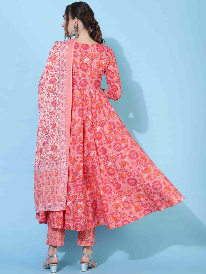 COTTON CALF LENGTH PRINTED FLARED 3/4 SLEEVES ROUND KURTA BOTTOM DUPATTA SET