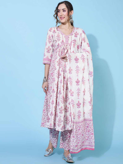 COTTON CALF LENGTH PRINTED FLARED 3/4 SLEEVES V NECK KURTA BOTTOM DUPATTA SET