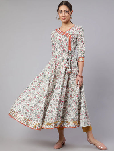 COTTON PRINTED V NECK 3/4 SLEEVE FLARED KURTA