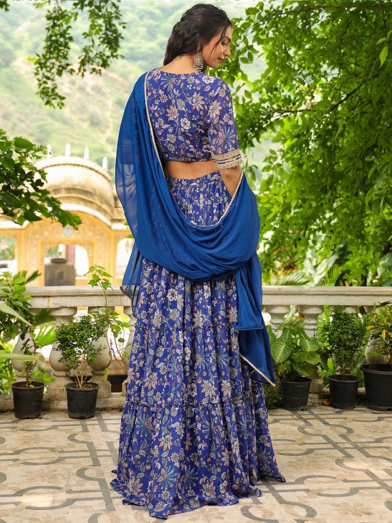 BLUE GEORGETTE FLORAL PRINTED TIERED LEHENGA CHOLI SET