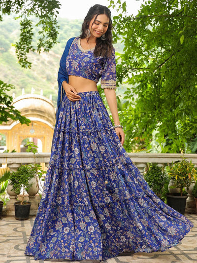 BLUE GEORGETTE FLORAL PRINTED TIERED LEHENGA CHOLI SET