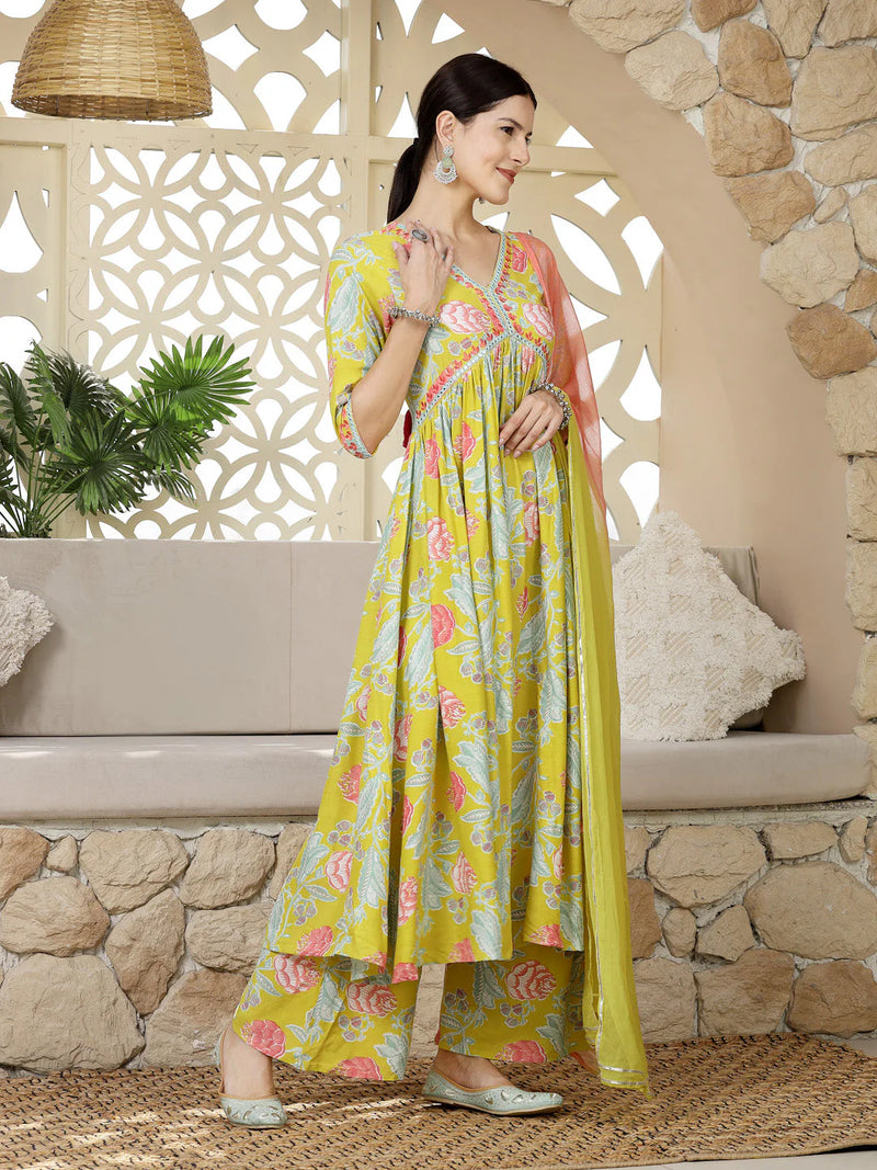 YELLOW FLORAL PRINTED & EMBROIDERED RAYON ALIA CUT KURTA PANT DUPATTA SET