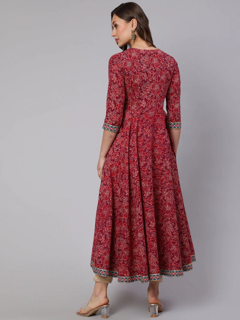 COTTON PRINTED V NECK 3/4 SLEEVE FLARED KURTA