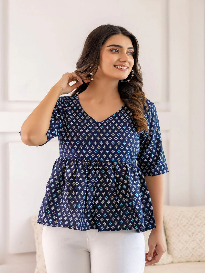 NAVY BLUE PRINTED V-NECK PEPLUM TUNIC