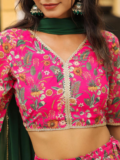 PINK GEORGETTE FLORAL PRINTED GATHERED LEHENGA CHOLI SET