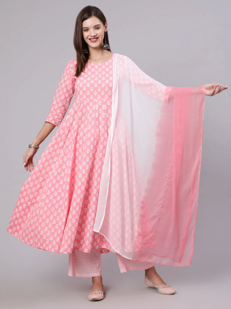 COTTON CALF LENGTH PRINTED FLARED 3/4 SLEEVE ROUND NECK KURTA BOTTOM DUPATTA SET