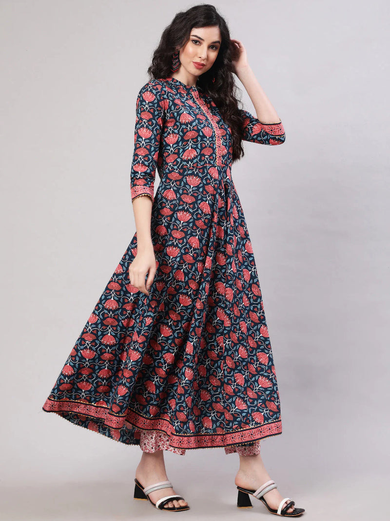 COTTON PRINTED ANKLE LENGTH FLARED 3/4 SLEEVE MANDARIN NECK KURTA, PANTS WITH DUPATTA SET