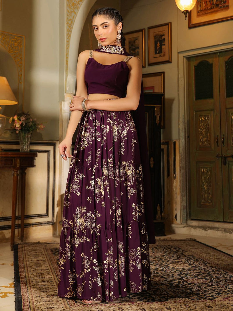 PURPLE GEORGETTE EMBELLISHED FOIL PRINTED TIERED LEHENGA CHOLI SET