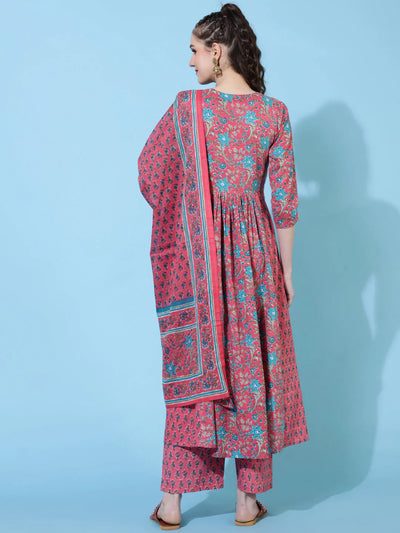 COTTON CALF LENGTH PRINTED SEMI-FLARED 3/4 SLEEVES V-NECK KURTA BOTTOM DUPATTA SET