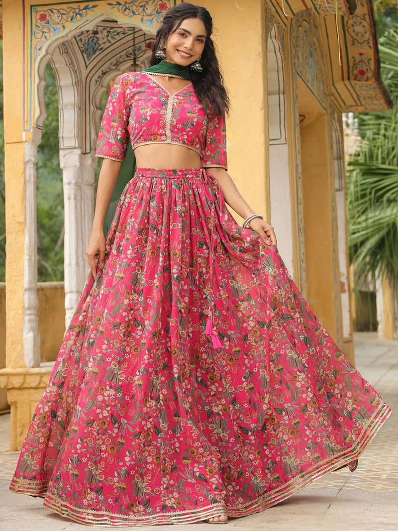 PINK GEORGETTE FLORAL PRINTED GATHERED LEHENGA CHOLI SET