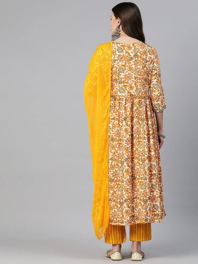 A-LINE STYLE RAYON FABRIC MUSTARD COLOR EMBROIDERED & FLORAL PRINTED KURTI WITH PALAZZO AND DUPATTA