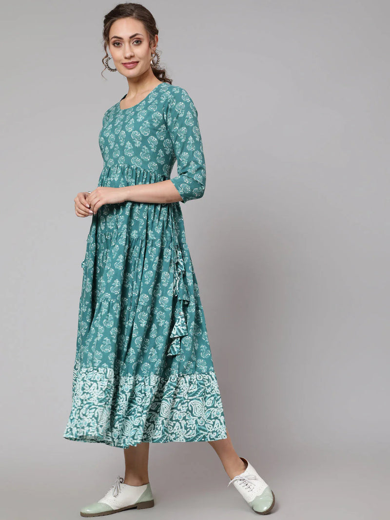 COTTON PRINTED ROUND NECK 3/4 SLEEVE FLARED ANKLE LENGTH ETHNIC KURTA