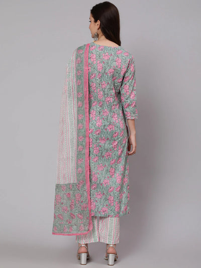 COTTON PRINTED ROUND NECK 3/4 SLEEVE STRAIGHT CALF LENGTH ETHNIC KURTA PANTS WITH DUPATTA SET