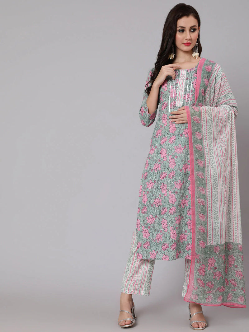 COTTON PRINTED ROUND NECK 3/4 SLEEVE STRAIGHT CALF LENGTH ETHNIC KURTA PANTS WITH DUPATTA SET