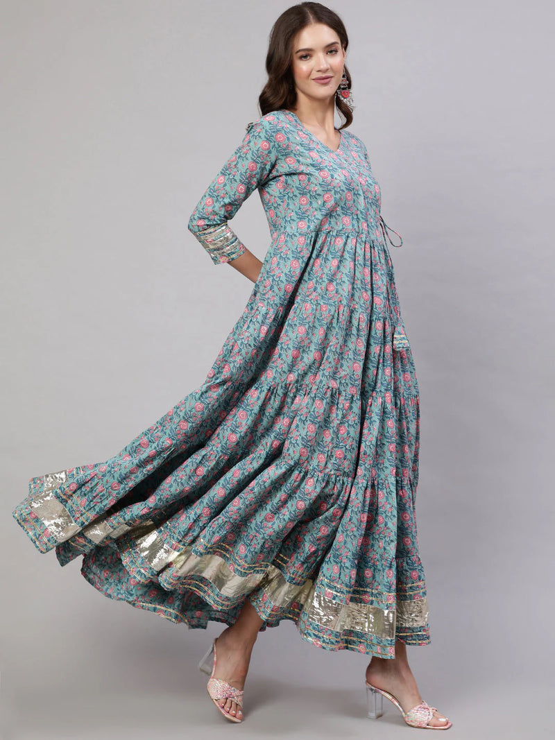 RAYON PRINTED ANKLE LENGTH FLARED 3/4 SLEEVE ROUND NECK KURTA WITH DUPATTA SET