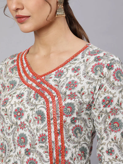 COTTON PRINTED V NECK 3/4 SLEEVE FLARED KURTA