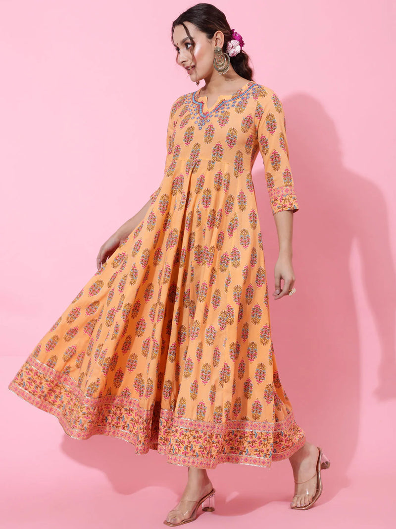 COTTON ANKLE LENGTH PRINTED FLARED 3/4 SLEEVES ROUND NECK KURTA