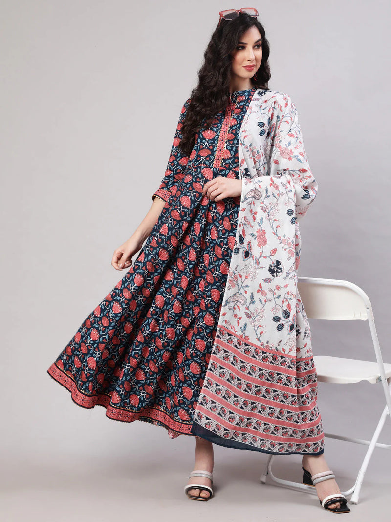 COTTON PRINTED ANKLE LENGTH FLARED 3/4 SLEEVE MANDARIN NECK KURTA, PANTS WITH DUPATTA SET