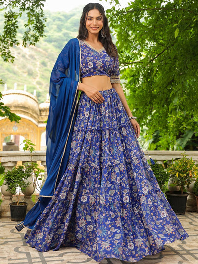 BLUE GEORGETTE FLORAL PRINTED TIERED LEHENGA CHOLI SET