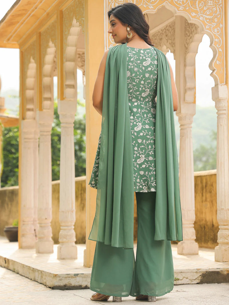 SAGE GREEN GEORGETTE EMBROIDERED A-LINE KURTA SET