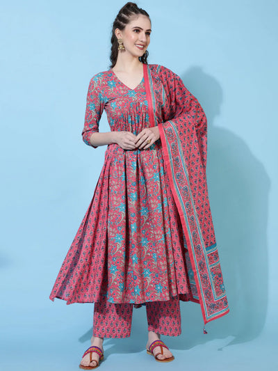 COTTON CALF LENGTH PRINTED SEMI-FLARED 3/4 SLEEVES V-NECK KURTA BOTTOM DUPATTA SET