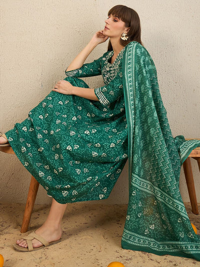 Green Embroidered A-Line Kurta Trousers With Dupatta Set