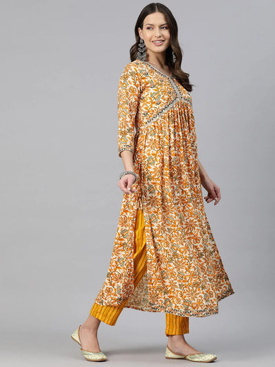 A-LINE STYLE RAYON FABRIC MUSTARD COLOR EMBROIDERED & FLORAL PRINTED KURTI WITH PALAZZO AND DUPATTA