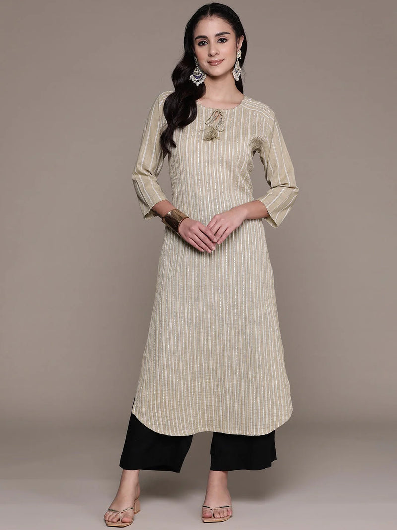 STRAIGHT STYLE COTTON FABRIC BEIGE COLOR KURTI WITH GOTA & BEADS WORK