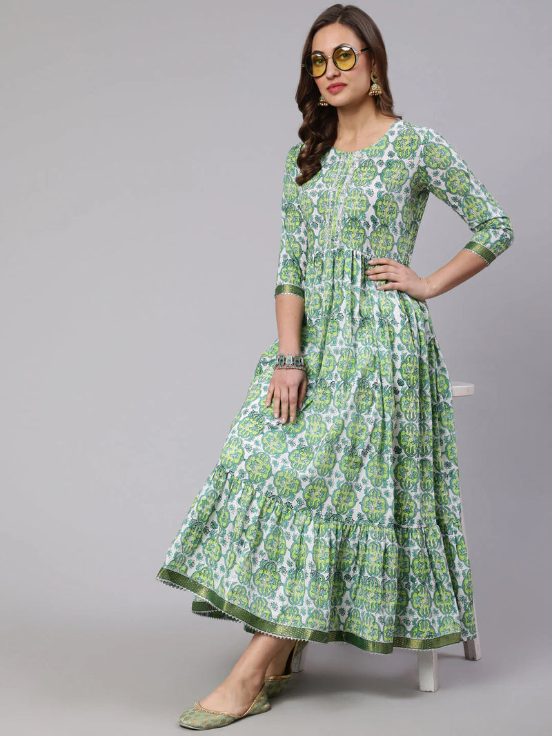 COTTON PRINTED ROUND NECK 3/4 SLEEVE FLARED KURTA