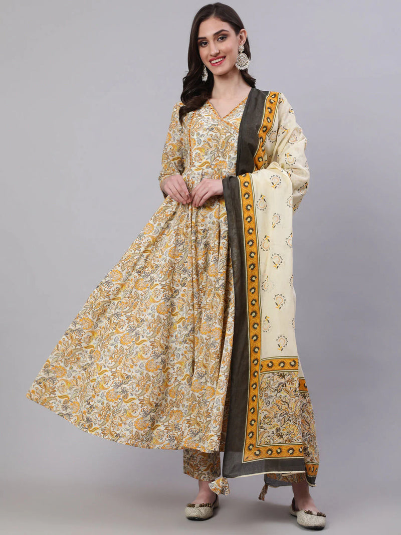 COTTON CALF LENGTH PRINTED SEMI-FLARED 3/4 SLEEVES V-NECK KURTA BOTTOM DUPATTA SET