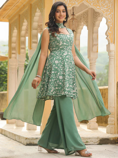 SAGE GREEN GEORGETTE EMBROIDERED A-LINE KURTA SET