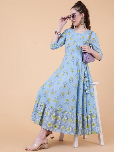 COTTON CALF LENGTH PRINTED FLARED 3/4 SLEEVES ROUND NECK KURTA